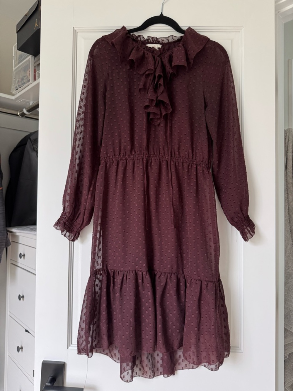 H&M Burgundy Ruffled Long-Sleeve Swiss-Dot Dress